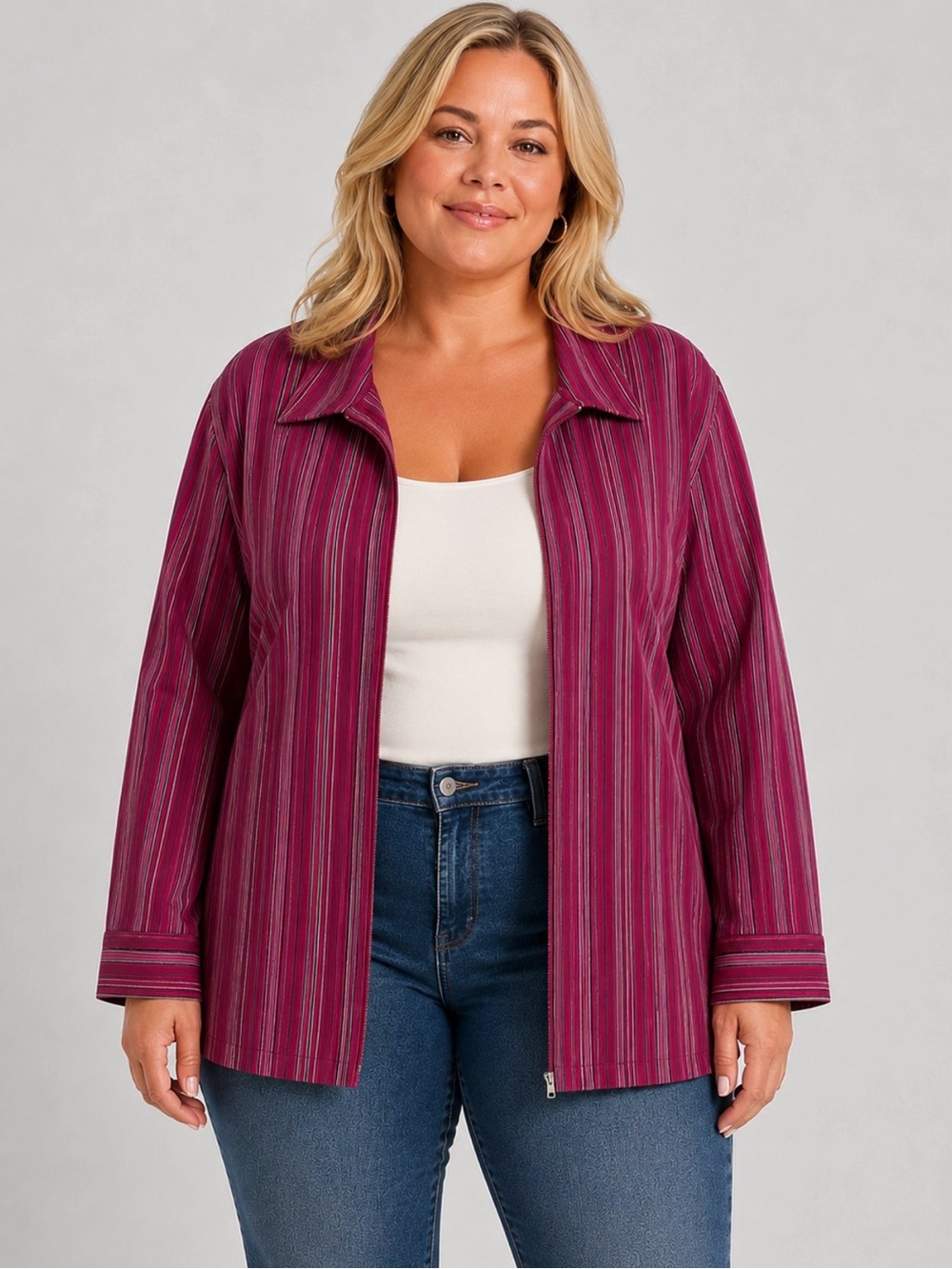 Liz &Me Fuchsia Silver Vertical Stripe Zip Up Long Sleeve Shacket Jacket Size 4X